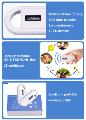 Elde tutulabilen Plastik Hayvan Mikroçipli RFID Kart Okuyucu PT160 134.2kHz OLED Ekran USB Lityum Pil CE Sertifikalı ISO 11784/11785