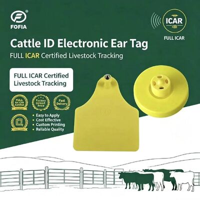 FOFIA Tam ICAR LF Dayanıklı Su geçirmez RFID TPU Sarı Hayvan Kulak Etiketleri ET908+T905 EM4305 Çipler 5 Yıllık Garanti Sığır 14.5mm