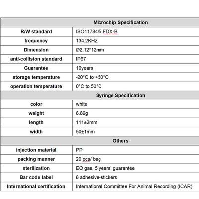 Dayanıklı Fofia Yeni Sıcak Satış RFID 134.2kHz PP Malzeme Köpek Kimliği Mikroçip Su geçirmez Çiftlik Kullanımı Evcil hayvan Enjeksiyon 1.5 Yıllık Kulak Etiketi
