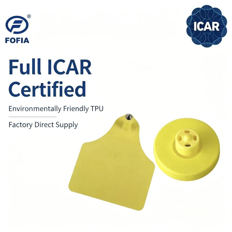 FOFIA Yeni Tam ICAR Dayanıklı Su Geçirmez RFID LF TPU Sarı Kulak Küpeleri ET908+T905 EM4305 Çipli 5 Yıl Garanti Sığır 14.5mm
